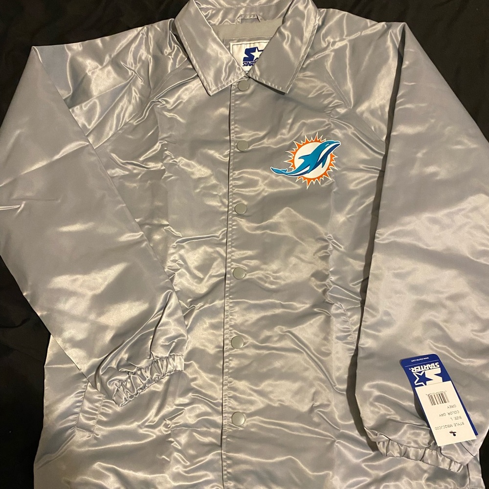 STARTER Miami Dolphins Men's Shiny Silver Windbreaker coaches jacket
